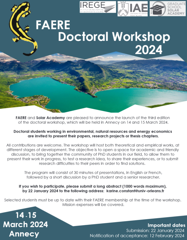 Dear colleagues,  Please find the call for papers for the FAERE doctoral workshop of 2024. Thank you for transferring the mail to potentially interested PhD students. 